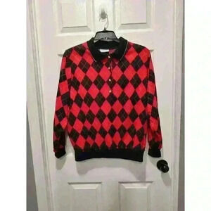 VTG 90 Alfred Dunner Women Checkered Long Sleeve‎ Sweater Black/Red Size 38